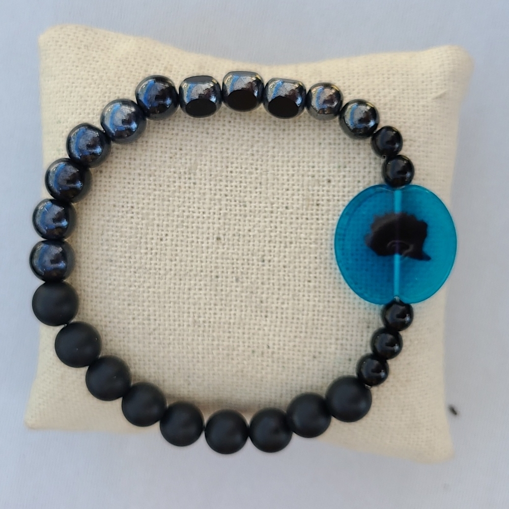 Stretch Bracelet Murano Glass Handmade Jewelry One of a Kind Blue Black Gift